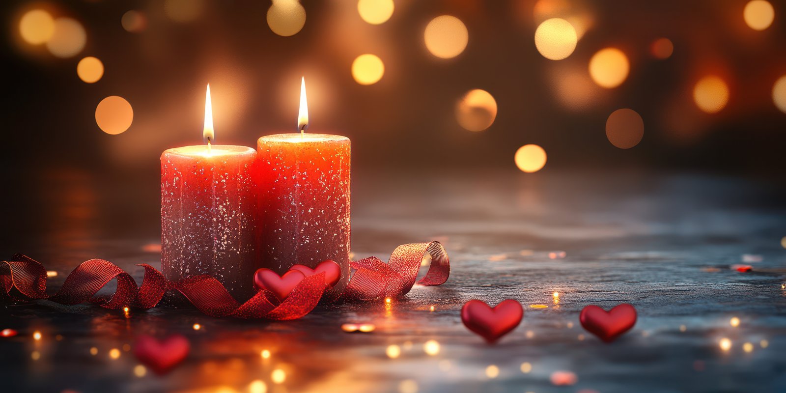 Romantic candlelit arrangement with red hearts and glowing lights for a special occasion